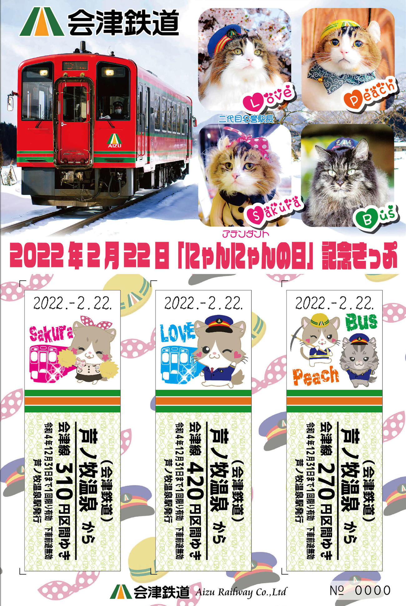 会津鉄道が発売した「にゃんにゃんの日記念きっぷ」（会津鉄道提供）