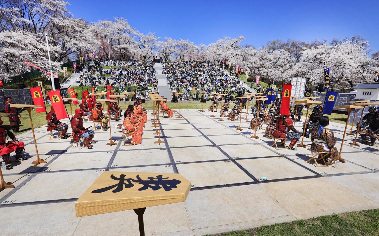 甲冑や着物をまとった参加者を駒に見立て行われた「人間将棋」。満開の桜の下、大勢の観客が対局に見入っていた