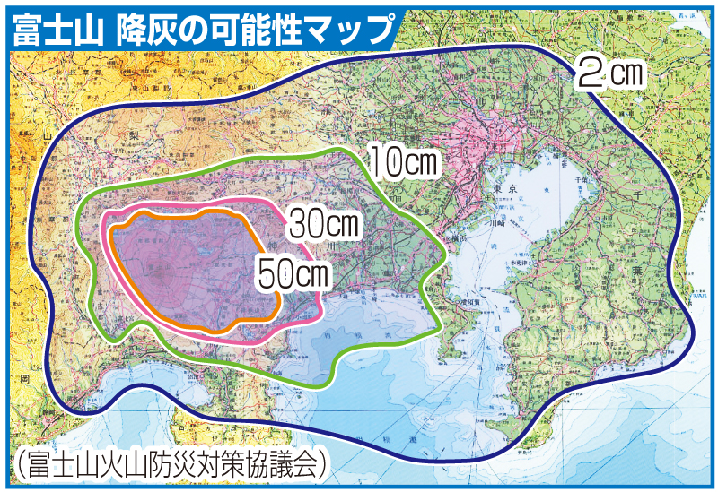 山頂で宝永規模の噴火が発生した場合の月別降灰分布図（ドリルマップ）を12カ月分重ね合わせるなどした