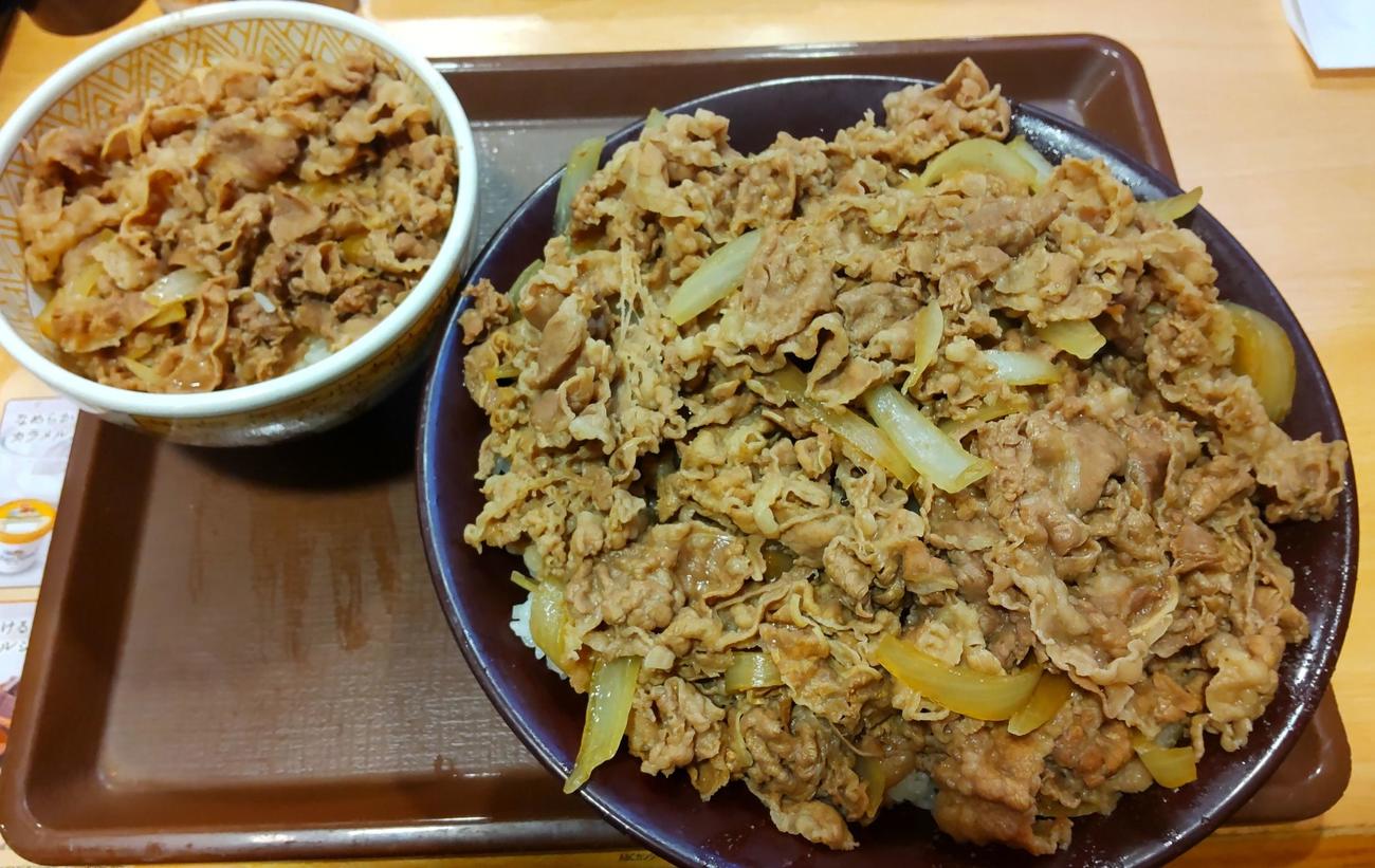 すき家の牛丼。左側が並盛、右側は肉量6倍のキング盛