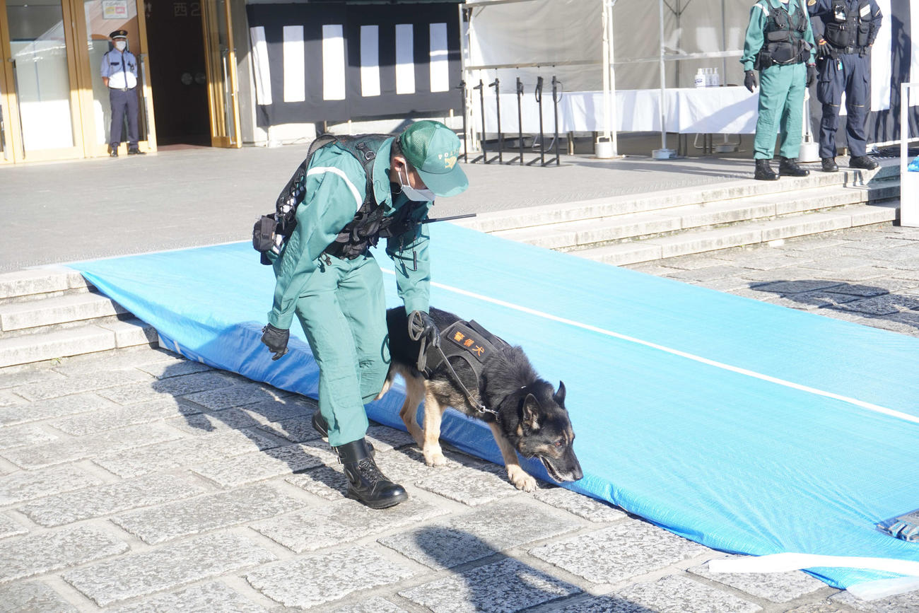 安倍晋三元首相の国葬儀場に不審物がないかを調べる警備犬と警察官（撮影・沢田直人）
