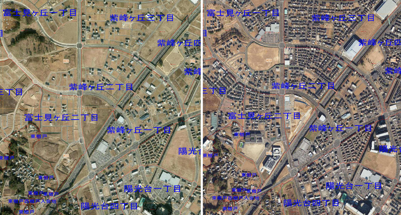 つくばエクスプレスみらい平駅周辺。田畑が目立つ10年（左）に比べ、21年（右）は住宅が増加している（ともに、つくばみらい市提供）