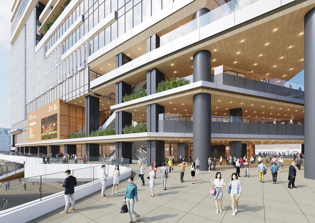 西口地区再開発計画の2階、東西デッキ、グランドシャフト付近のイメージ（小田急電鉄、東京地下鉄提供）