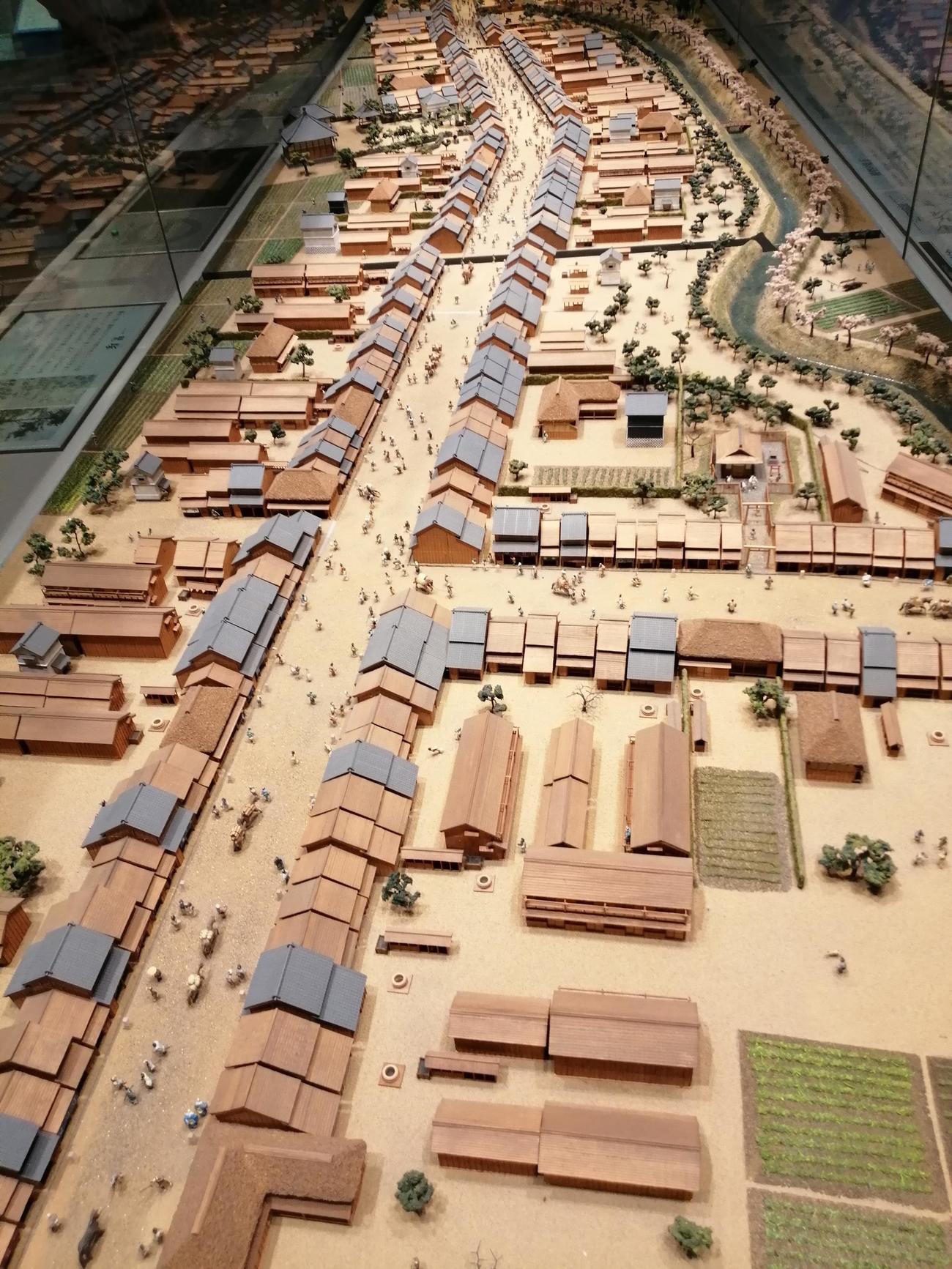 江戸時代の内藤新宿の模型。T字部分が甲州街道（右）と青梅街道（手前）が分岐する「追分」。現在の伊勢丹新宿店付近（新宿歴史博物館）