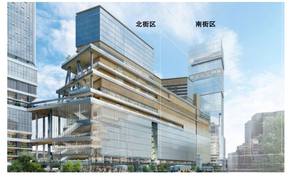 西南口地区のイメージ。北街区と、甲州街道をはさんで南街区が建設予定（京王電鉄、東日本旅客鉄道提供）