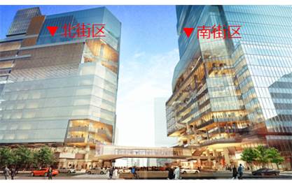 北街区と南街区を結ぶグランドシャフトのイメージ。甲州街道の上にデッキを設置予定（京王電鉄、東日本旅客鉄道提供）