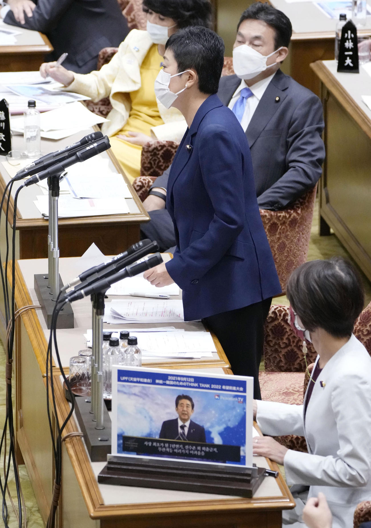 参院予算委で質問する立憲民主党の辻元清美氏（奥）。手前下は安倍元首相のパネル（共同）