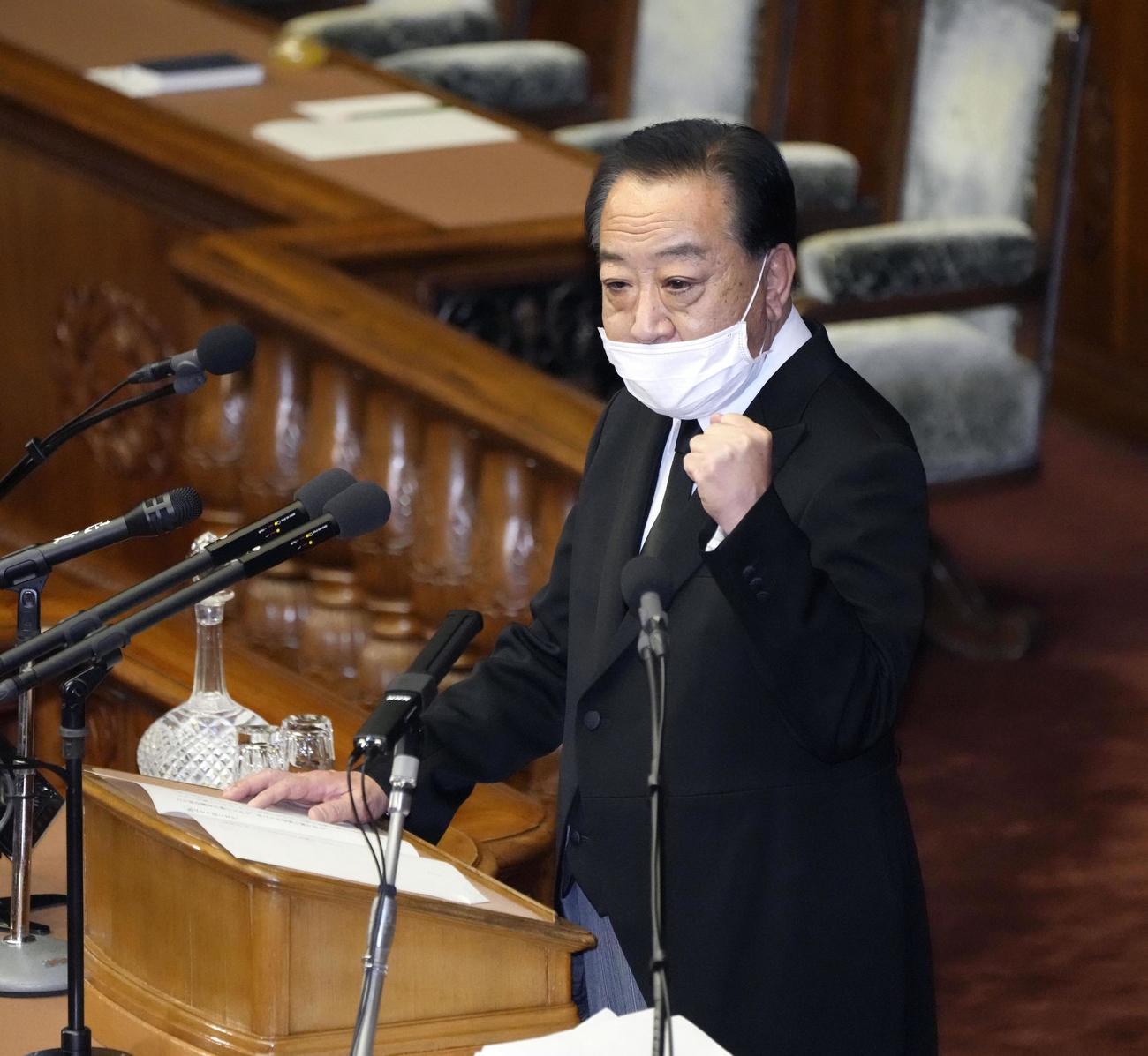 衆院本会議で安倍元首相の追悼演説をする立憲民主党の野田元首相（共同）