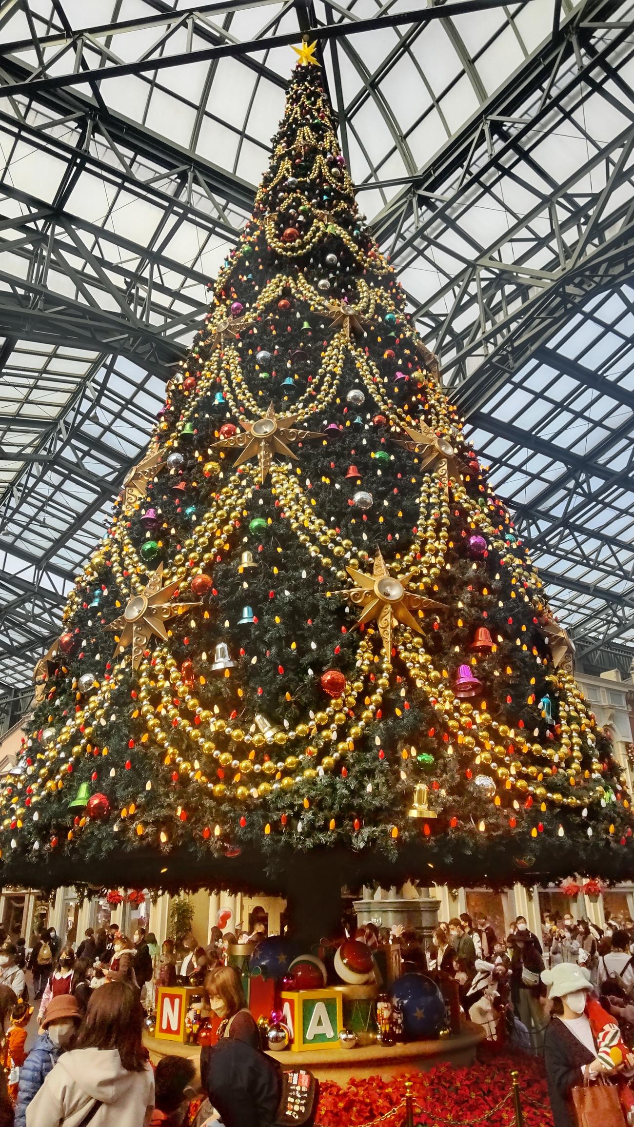 東京ディズニーランドにクリスマスツリーが3年ぶりに戻ってきた。デコレーションにはキャラクターはなくシンプルなデザイン（撮影・寺沢卓）