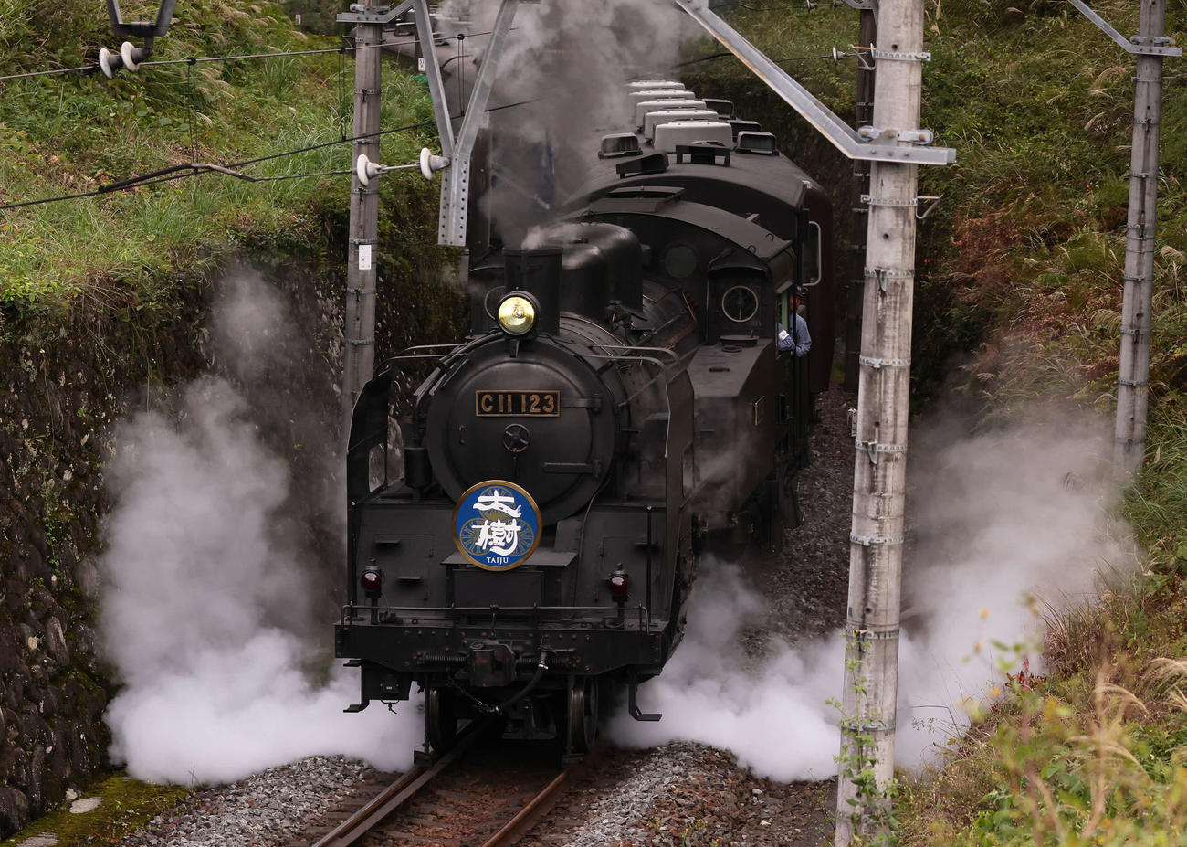 煙を上げながら走る東武鉄道のSL大樹（撮影・足立雅史）
