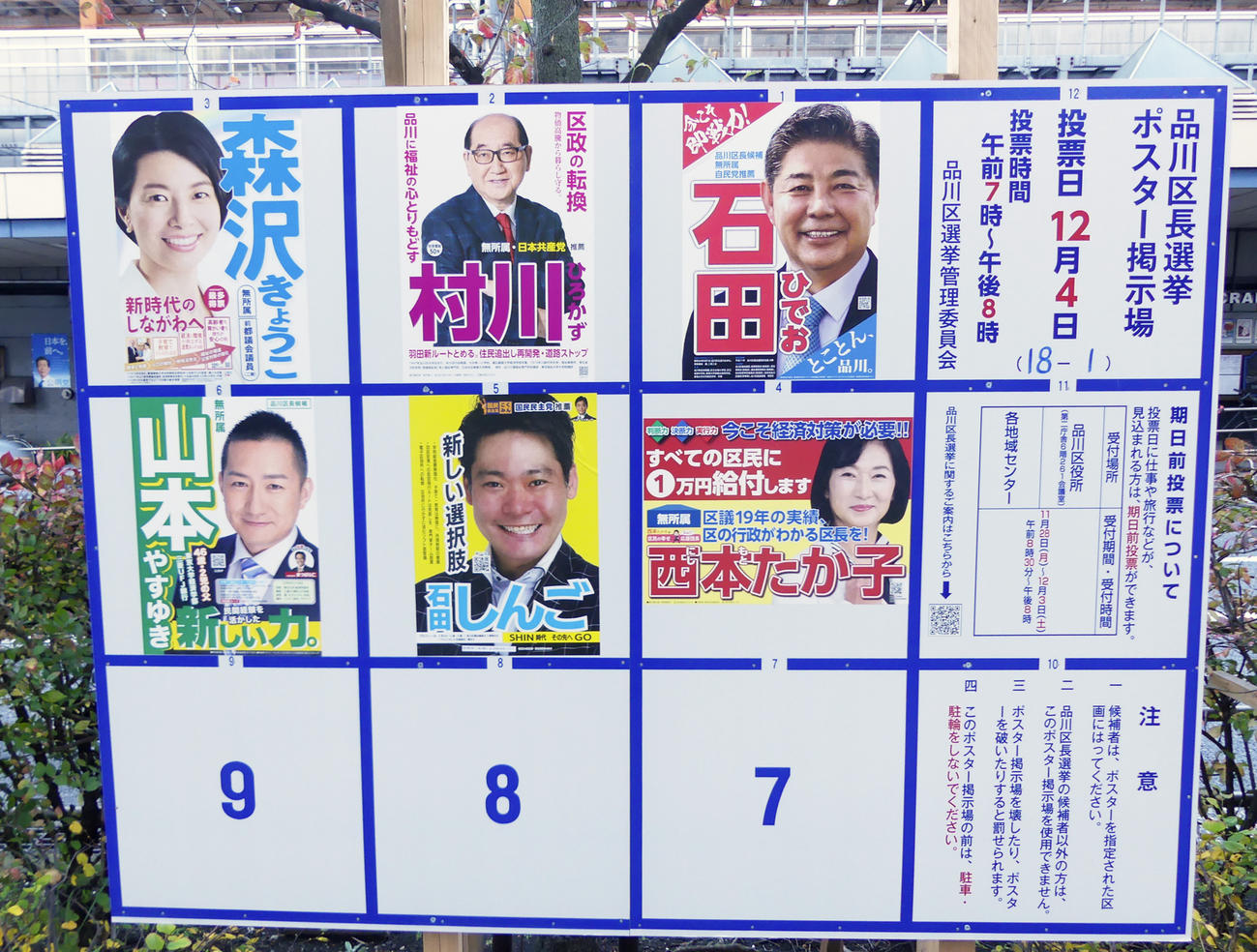 品川区長選に立候補した6人のポスターがはられた掲示板