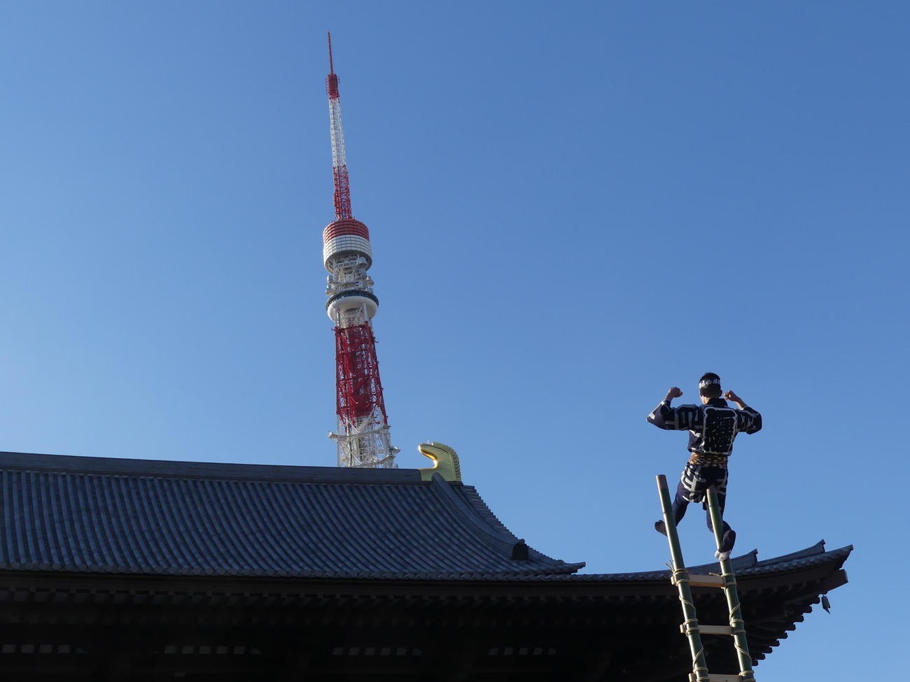増上寺で行われた徳川宗家19代の「継宗の儀」で、東京タワーが見える場所で江戸消防記念会による特別演舞奉納が行われた（撮影・中山知子）