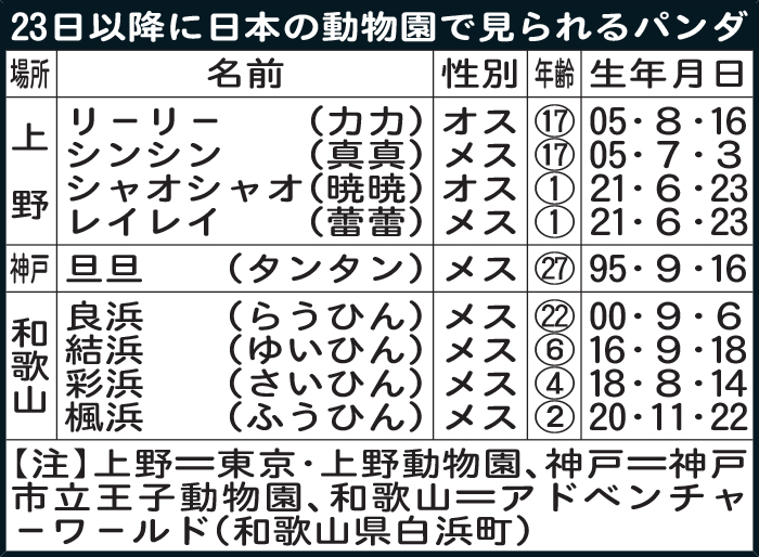 23日以降に日本の動物園で見られるパンダ
