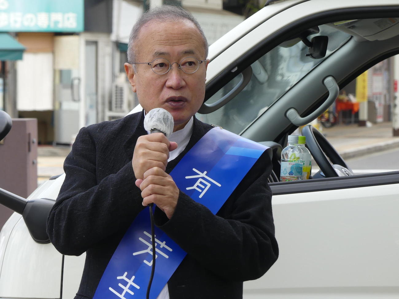 衆院山口4区補選に出馬し、支持を訴える立憲民主党の有田芳生氏（撮影・中山知子）