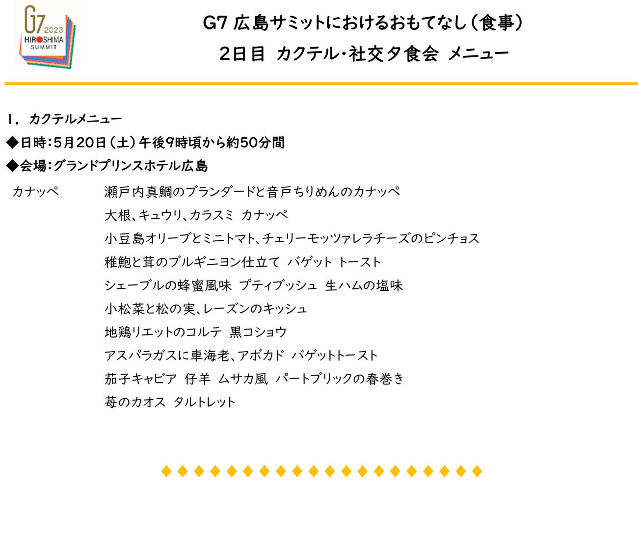 20日夜に行われた岸田文雄首相夫妻主催の社交夕食会のメニュー