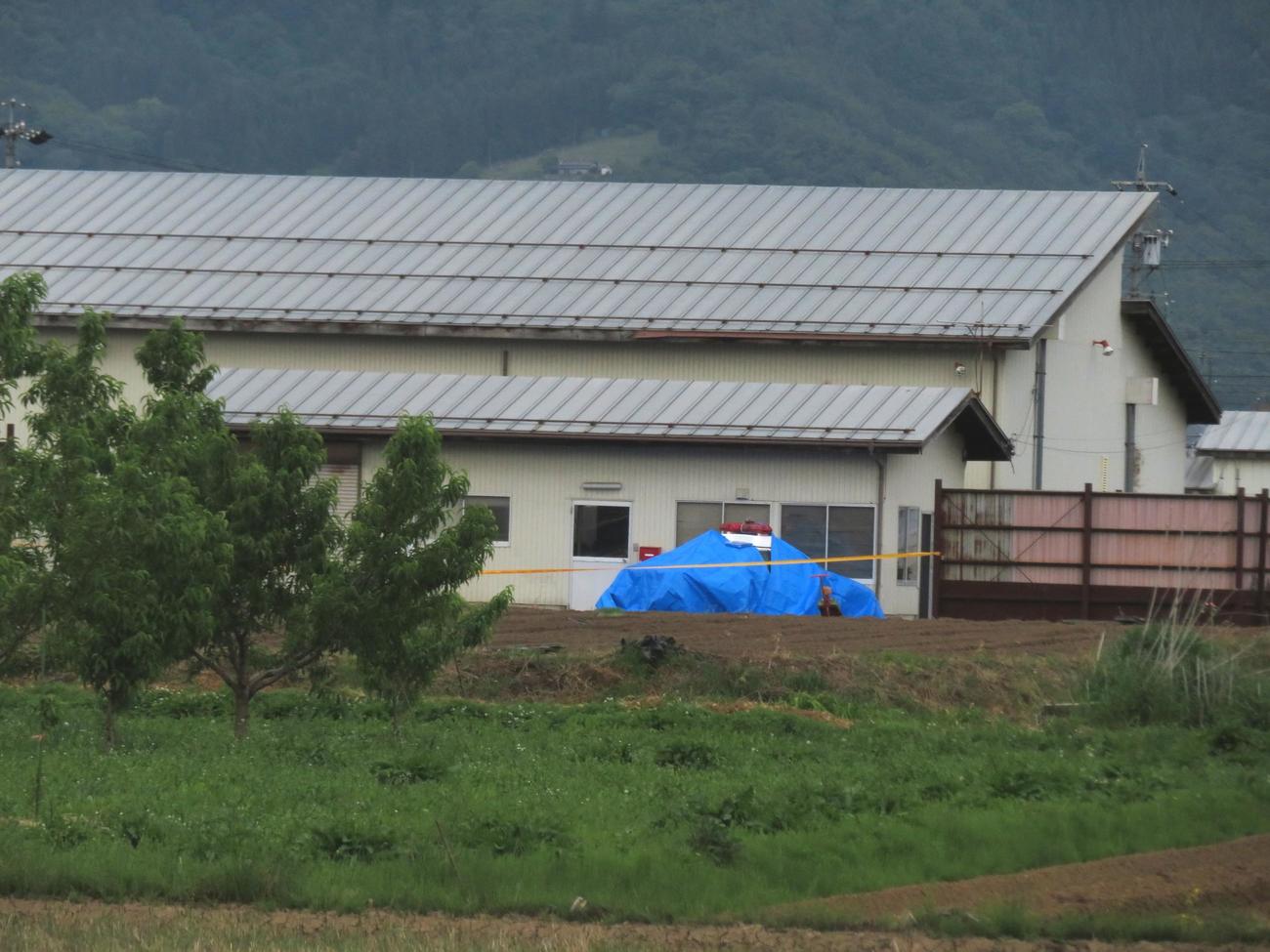 男が立てこもっていた住宅近くにある建物脇でシートがかけられたパトカー（撮影・寺沢卓）