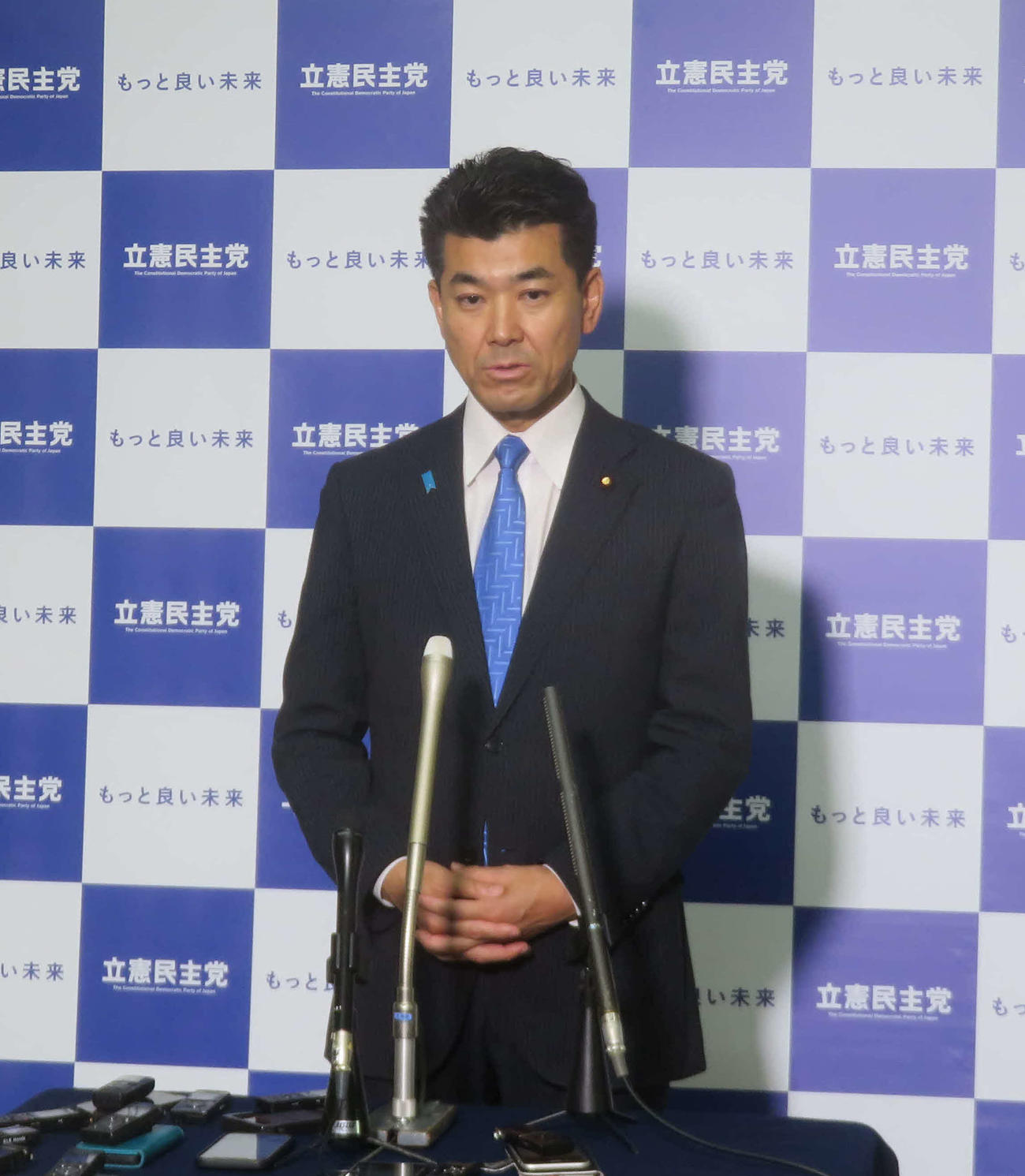 立憲民主党の泉健太代表は内閣不信任決議案が否決された後に会見を行った（撮影・大上悟）