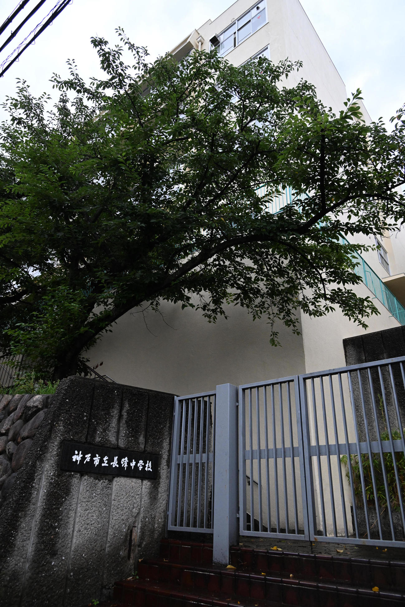 グラウンドにイノシシの頭部が置かれていた神戸市立長峰中学校（撮影・石井愛子）