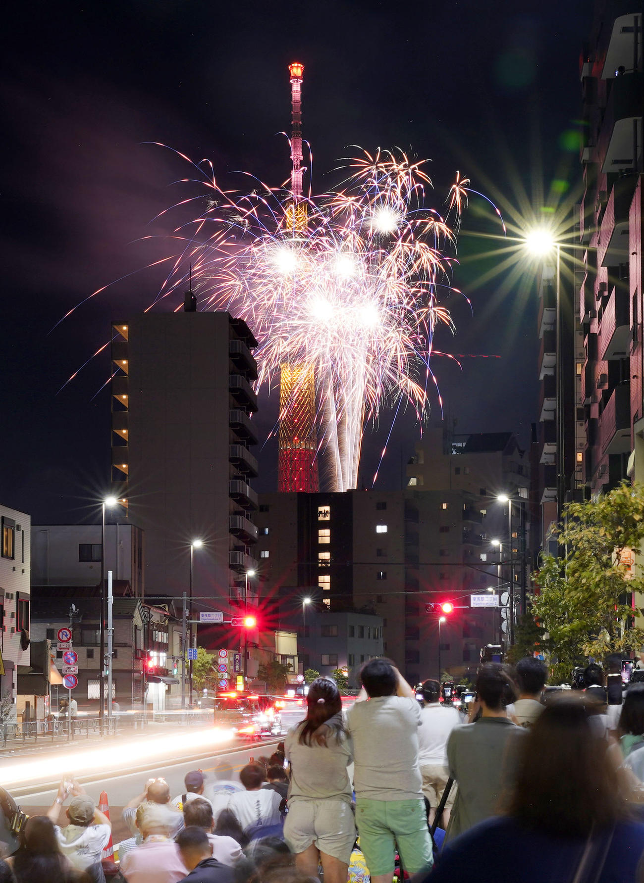 夜空を彩る隅田川花火大会の花火と東京スカイツリー。路上は多くの見物客でにぎわった（共同）