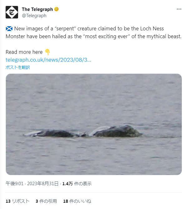 英紙テレグラフが掲載した2018年にネス湖で目撃されたという謎の生物の写真。チエ・ケリーさんが撮影した（テレグラフのXから）