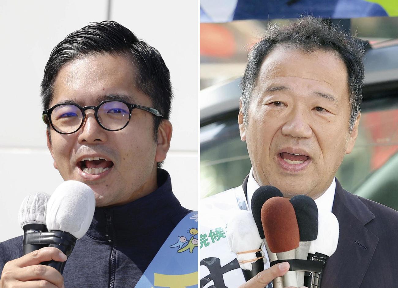 衆院長崎4区補欠選挙が告示され、有権者に支持を訴える（右から届け出順に）末次精一氏、金子容三氏（共同）
