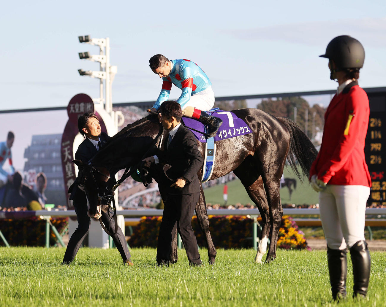 天皇賞・秋を制し馬上礼するC・ルメール騎手とイクイノックス
