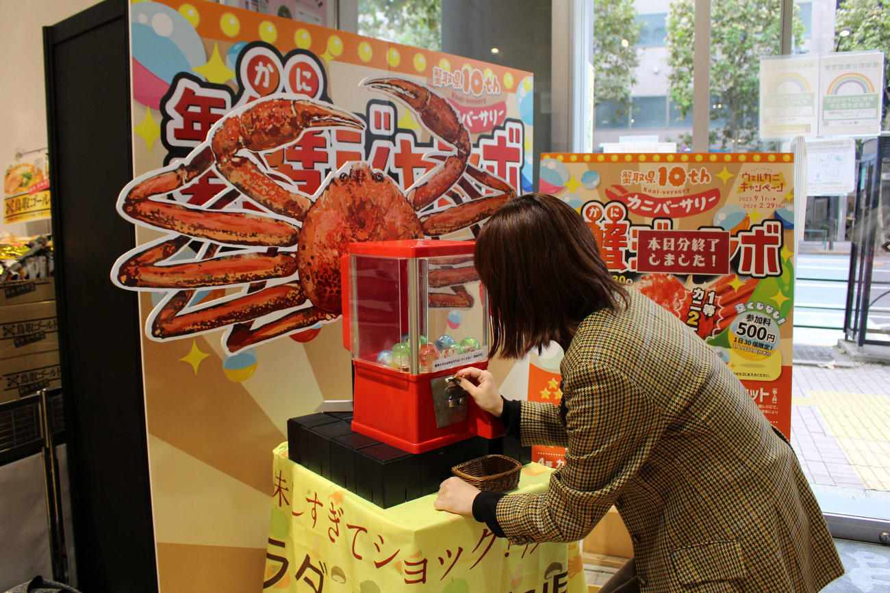 鳥取県のアンテナショップ「とっとり・おかやま新橋館」（東京・新橋）に登場したカプセルトイ「カニバーサリー　年末蟹（かに）ジャンボ」