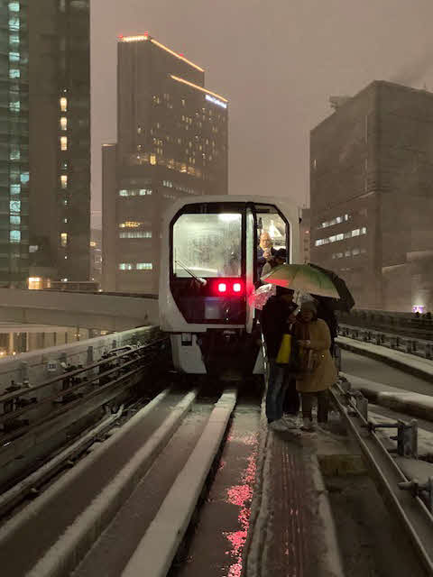 降雪で新橋駅手前の坂を上ることができず、運行がストップした、ゆりかもめを降り、軌道上を歩いて汐留駅に避難する乗客（撮影・村上幸将）