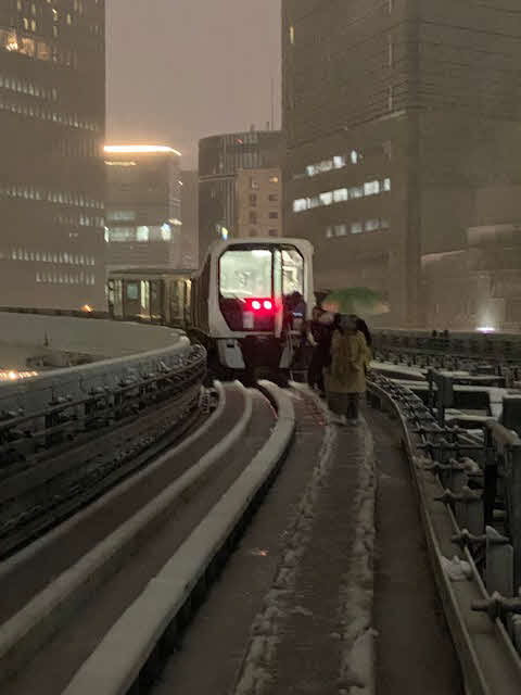 降雪で新橋駅手前の坂を上ることができず、運行がストップした、ゆりかもめを降り、線路を歩いて汐留駅に避難する乗客（撮影・村上幸将）