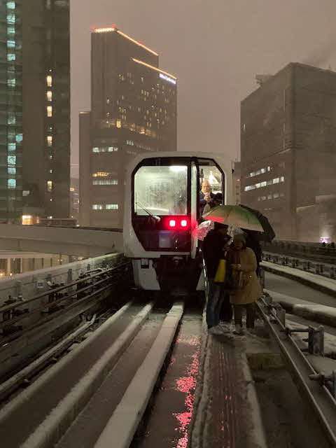 降雪で新橋駅手前の坂を上ることができず、運行がストップした、ゆりかもめを降り、軌道の上を歩いて汐留駅に避難する乗客（撮影・村上幸将）