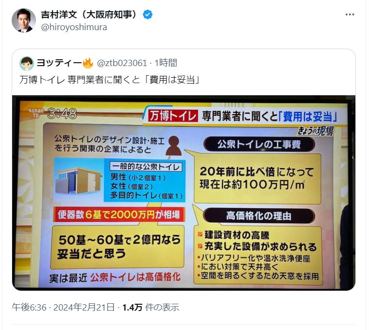 吉村洋文大阪府知事のＸから