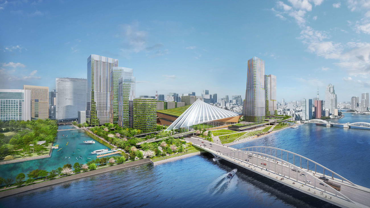 「築地まちづくり事業」事業予定者決定に関する記者会見で披露された全景イメージ画像（三井不動産HPから）