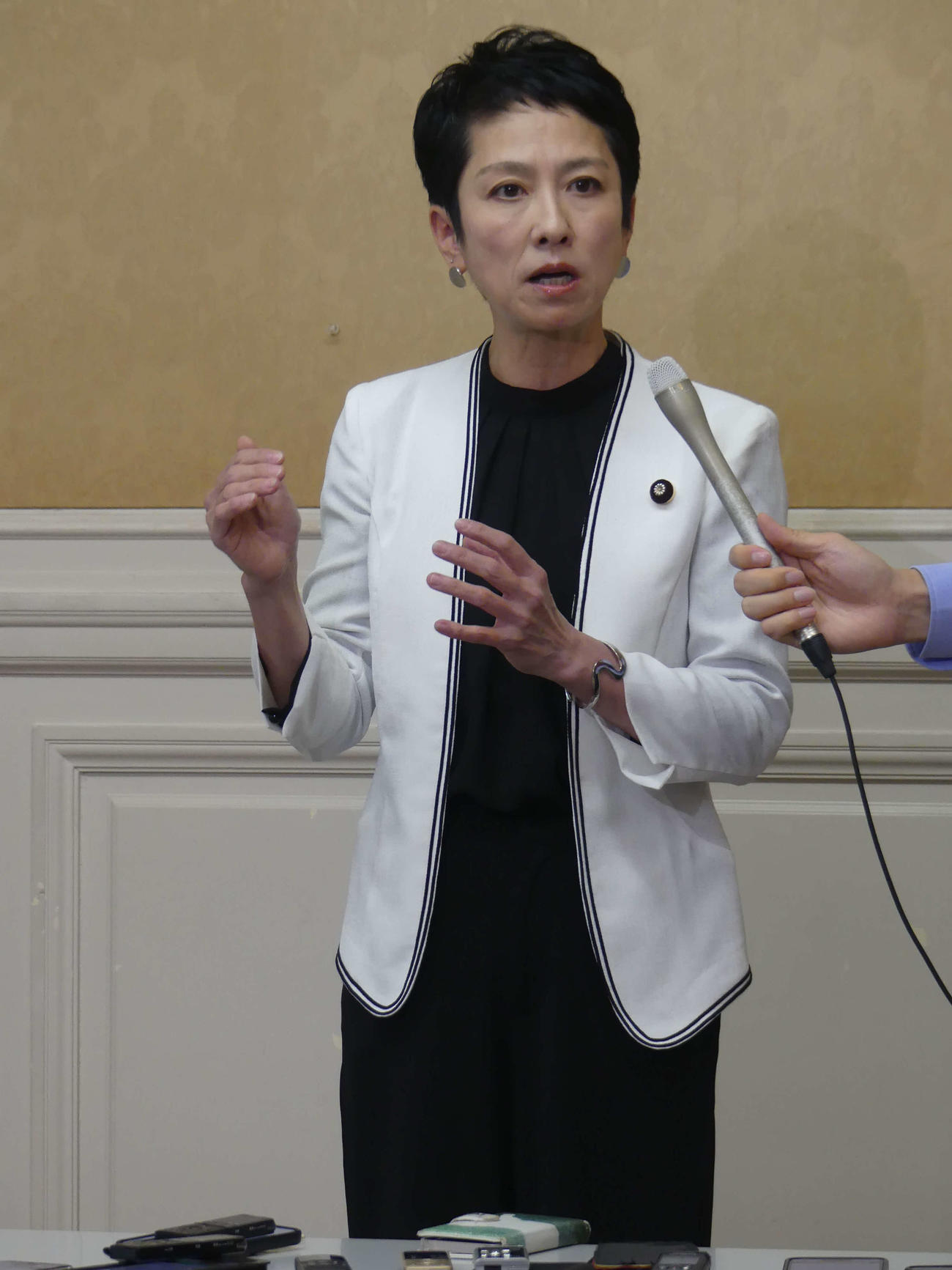 国会内で報道陣の取材に応じる立憲民主党の蓮舫参院議員（撮影・中山知子）