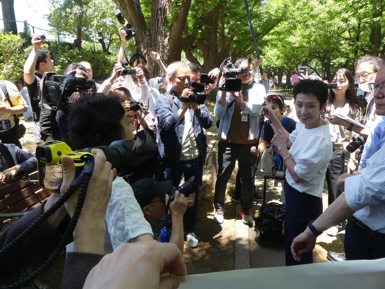 明治神宮外苑のイチョウ並木を視察する立憲民主党お蓮舫参院議員（撮影・中山知子）