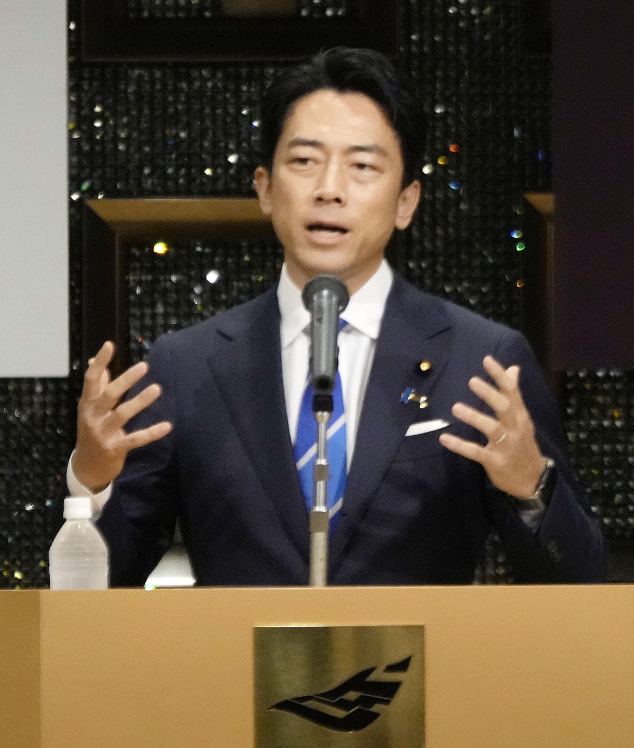 自民党総裁選の演説会で発言する小泉元環境相（共同）