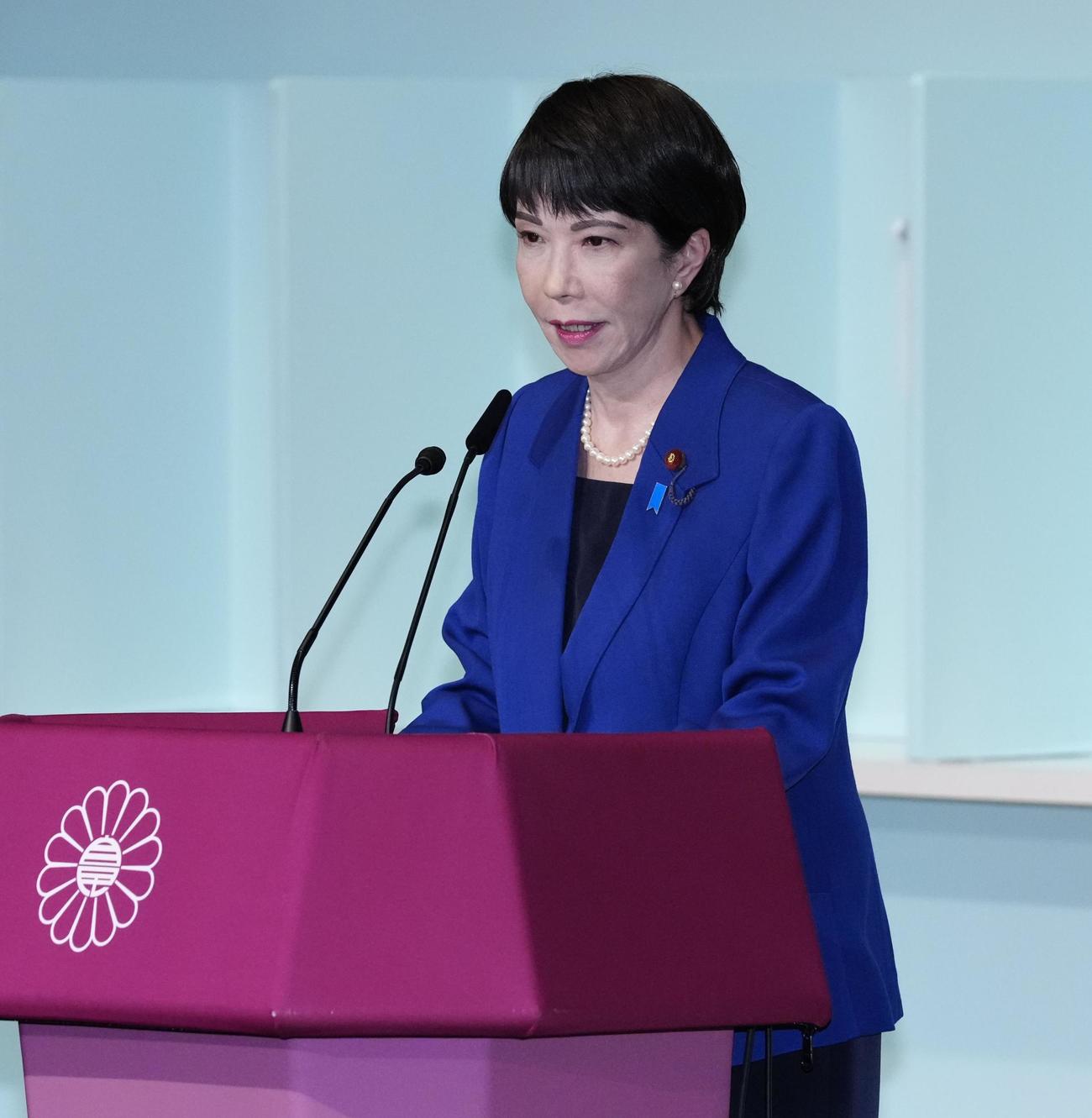 自民党総裁選の決選投票前に演説する高市早苗氏（共同）