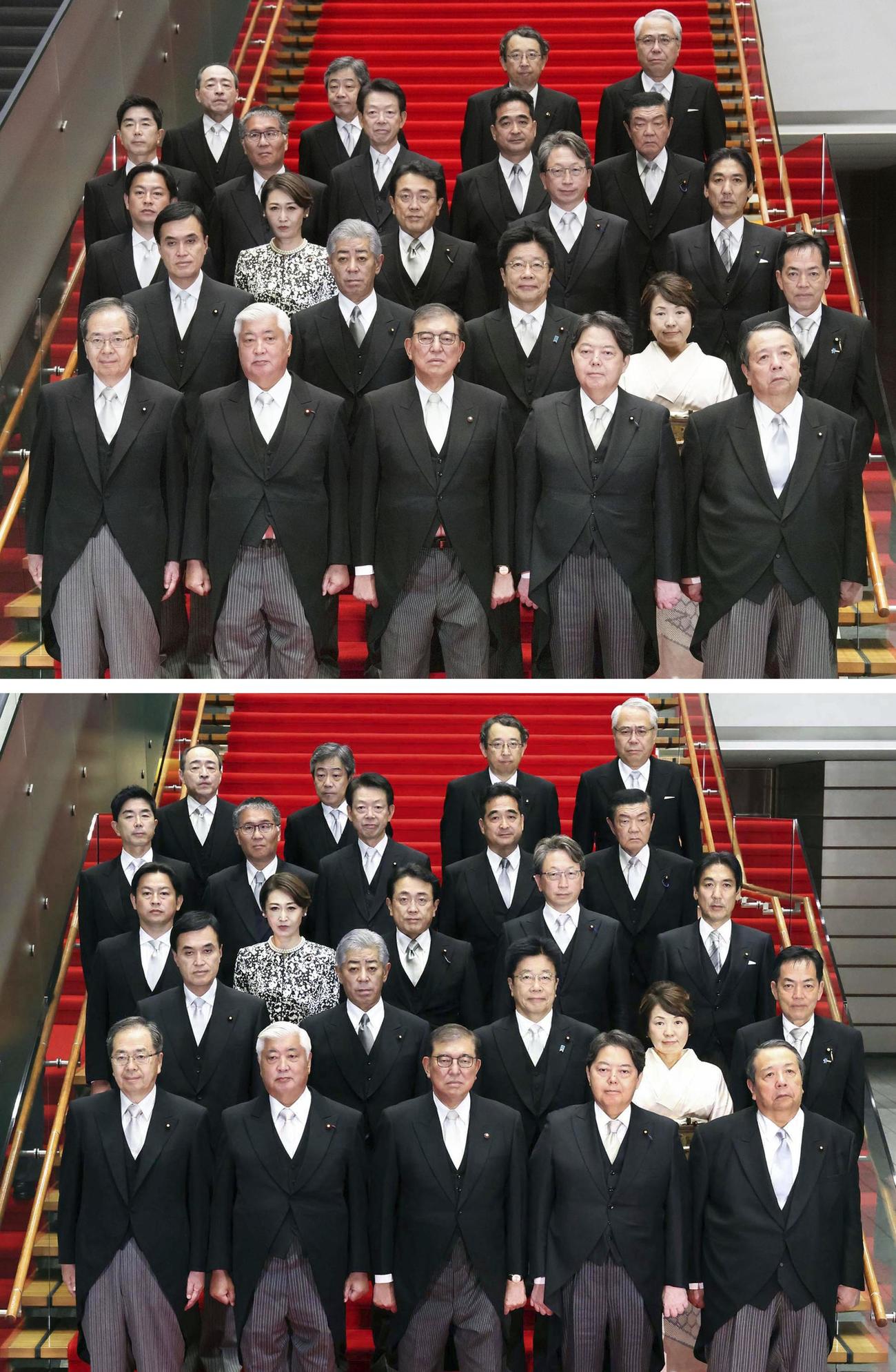 1日に首相官邸で撮影された石破首相と閣僚らの集合写真。下は官邸ホームページに掲載された写真で、石破首相と中谷防衛相の腹部に見えていたシャツの部分を消す修正が施されている