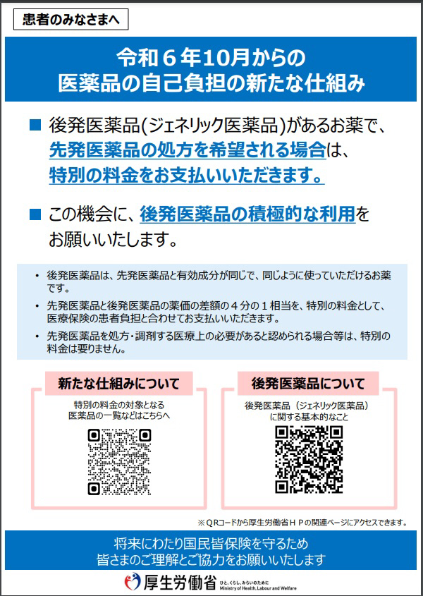 ジェネリック医薬品を使わないと自己負担が増える新制度についての厚労省のポスター