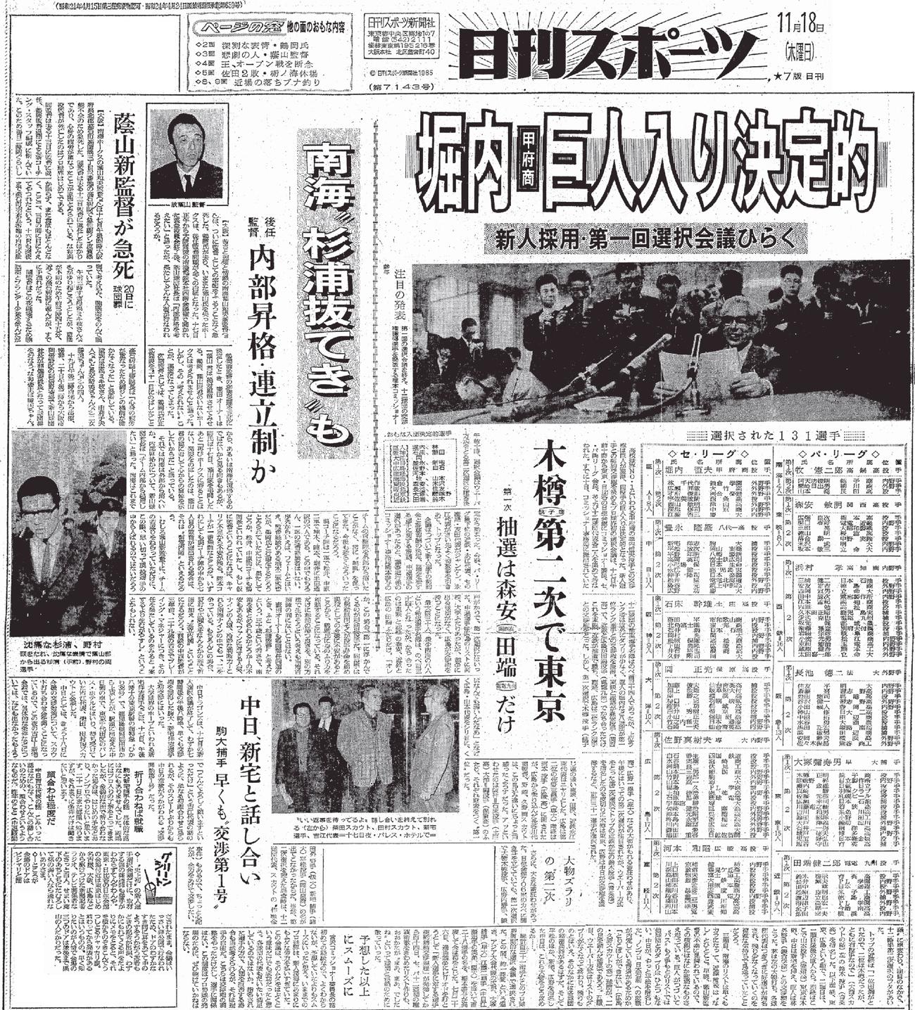 日刊スポーツ紙面で振り返る巳年：65年　プロ野球第1回ドラフト会議