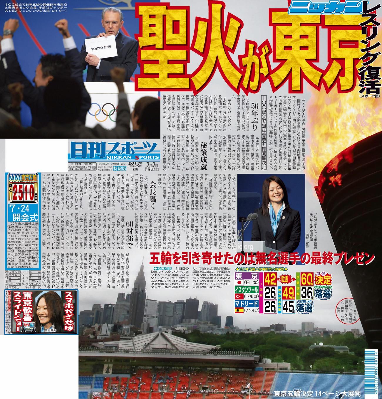 日刊スポーツ紙面で振り返る巳年：13年　東京で2度目の五輪開催決定