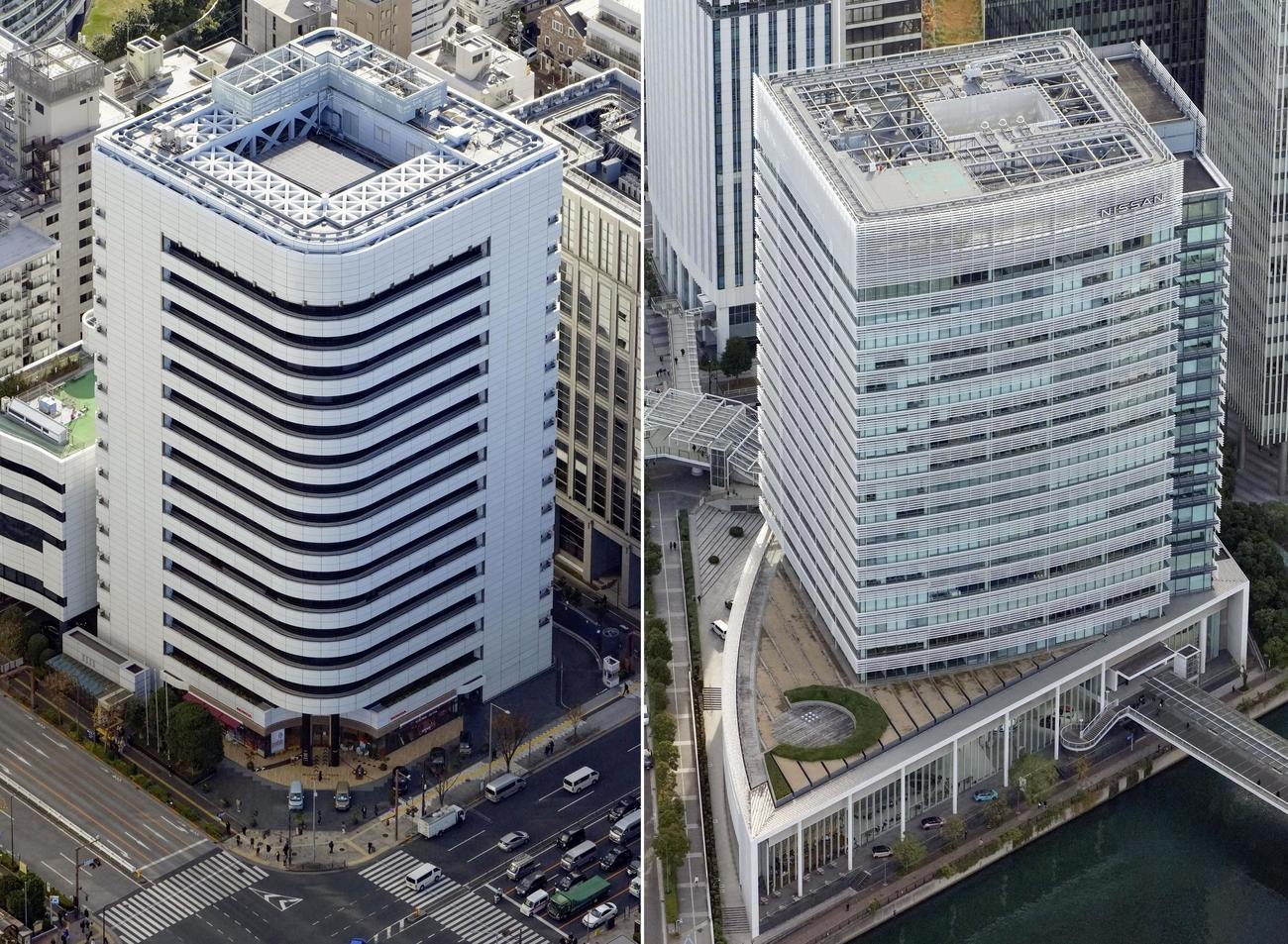 ホンダ本社（左）と日産自動車グローバル本社（共同）
