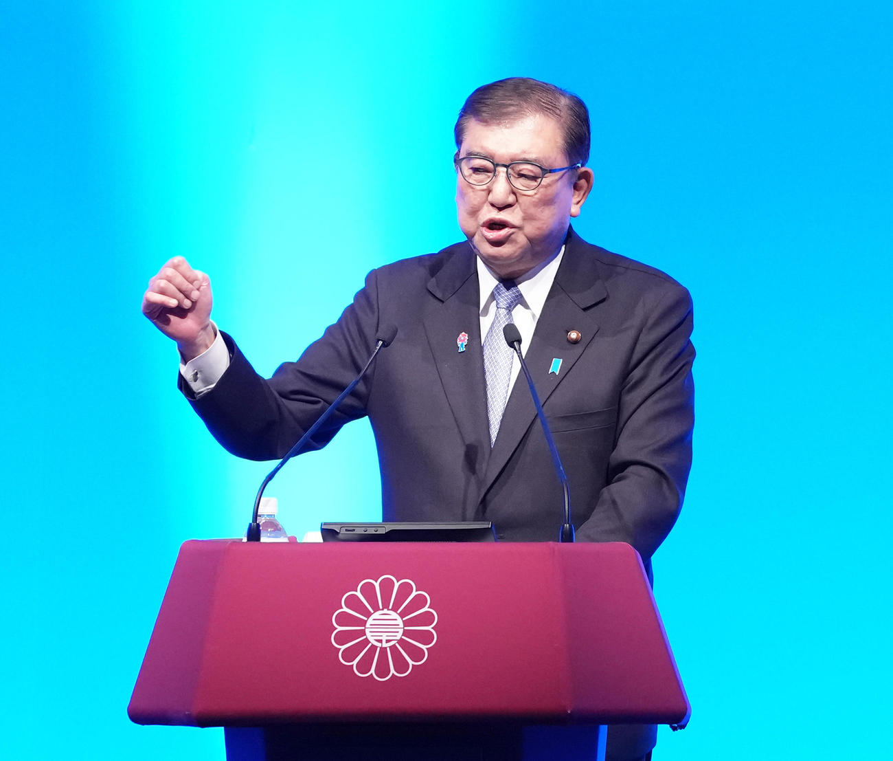 第92回自民党大会　自民党大会で演説する石破茂首相＝2025年3月9日
