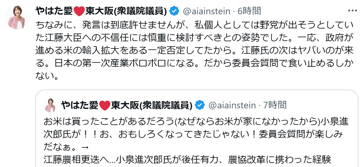 八幡愛氏、小泉進次郎氏農相起用に「次はヤバいのが来る」（Xから）
