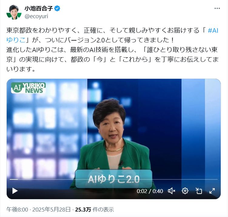 語りかける、進化形バージョンのAIゆりこ（小池百合子知事のXから）