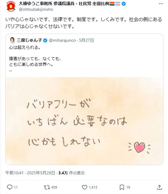 社民・大椿裕子氏のX（旧ツイッター）から