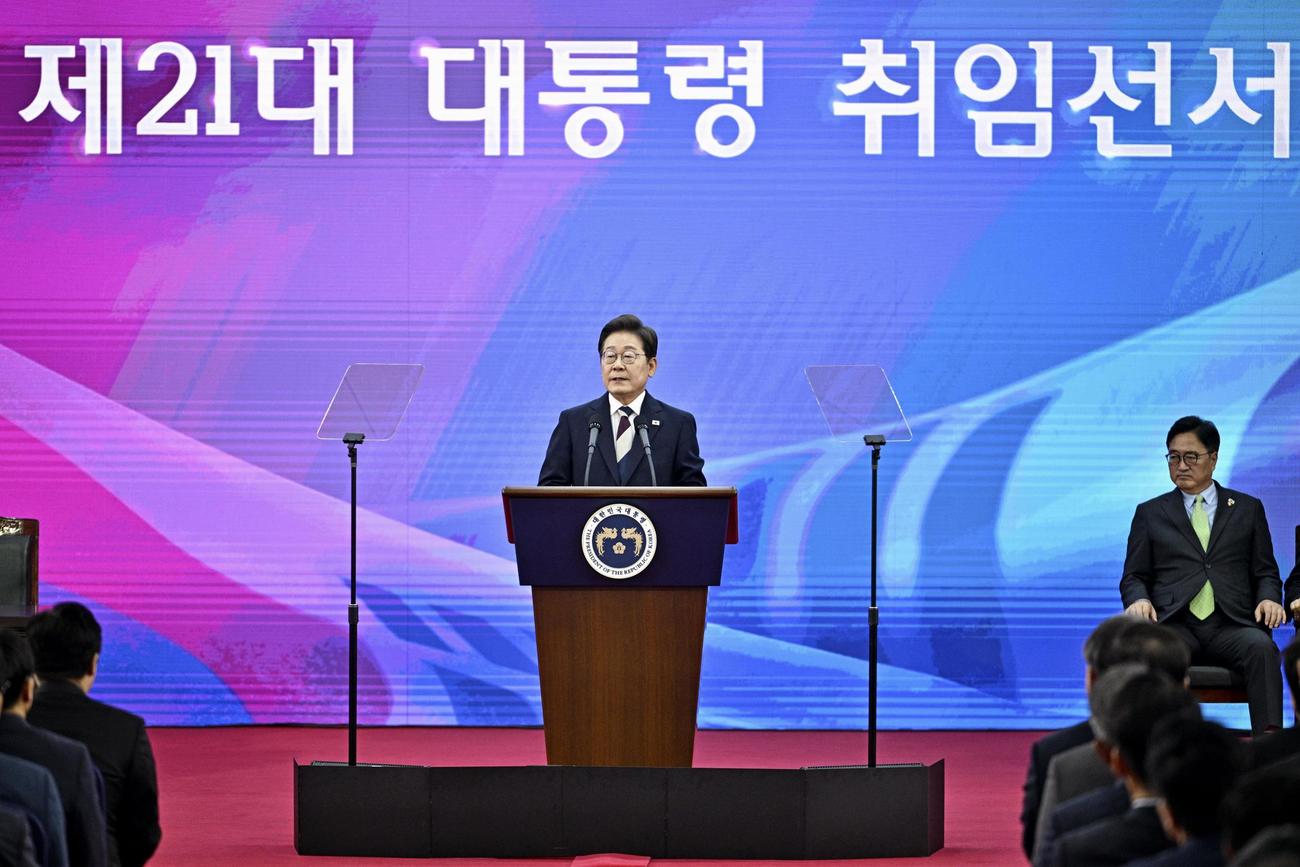 韓国国会で就任宣誓した後、演説する李在明大統領（共同）
