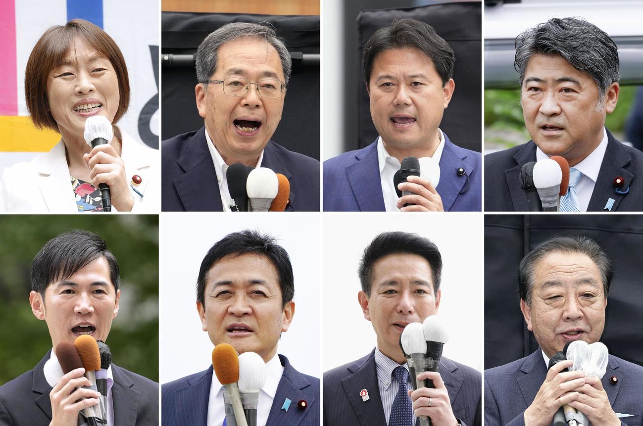 東京都議選が告示され、第一声を上げる（右上から）自民党の木原誠二選対委員長、都民ファーストの会の森村隆行代表、公明党の斉藤鉄夫代表、共産党の田村智子委員長、（右下から）立憲民主党の野田佳彦代表、日本維新の会の前原誠司共同代表、国民民主党の玉木雄一郎代表、再生の道の石丸伸二代表（共同）