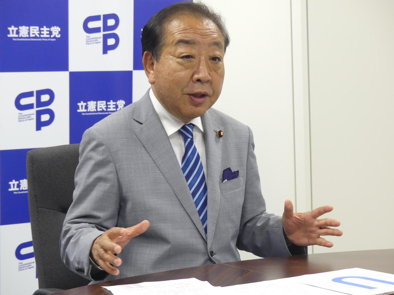 合同インタビューに応じる立憲民主党の野田佳彦代表（撮影・中山知子）
