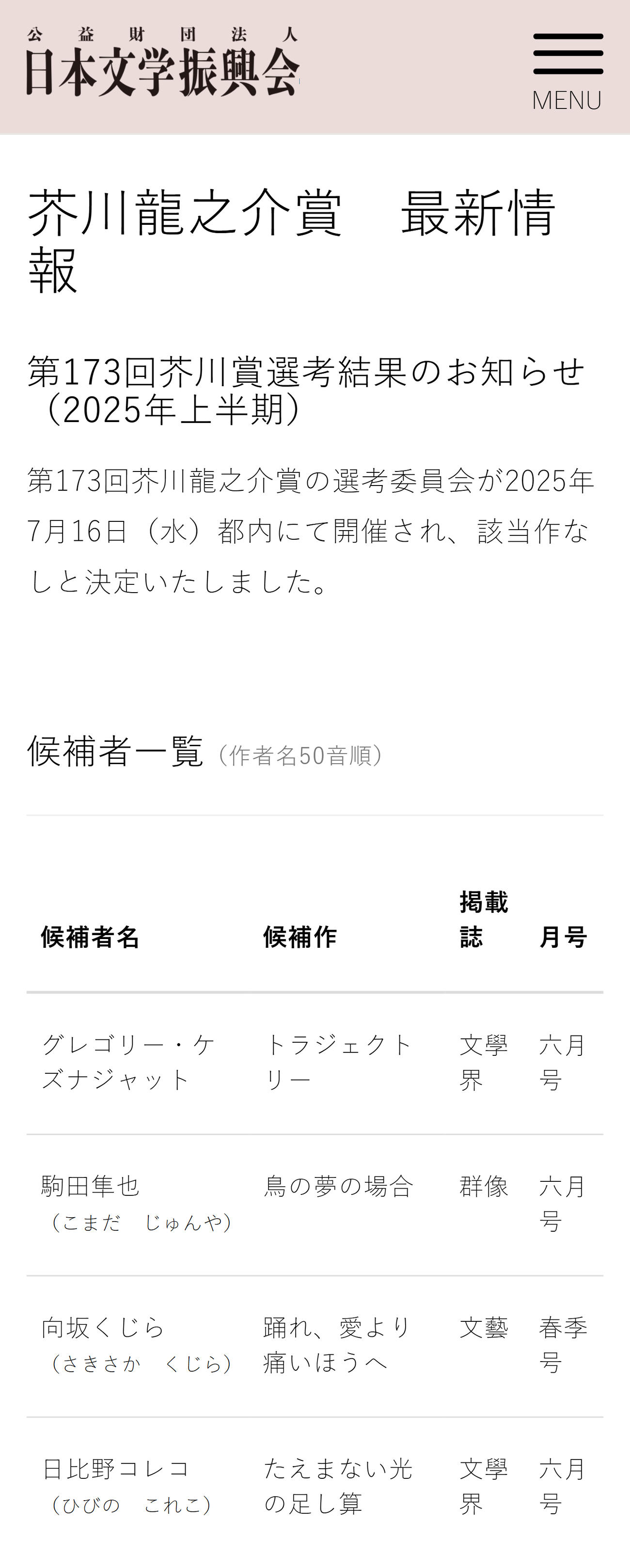 芥川賞は該当なし（日本文学振興会の公式サイトから）