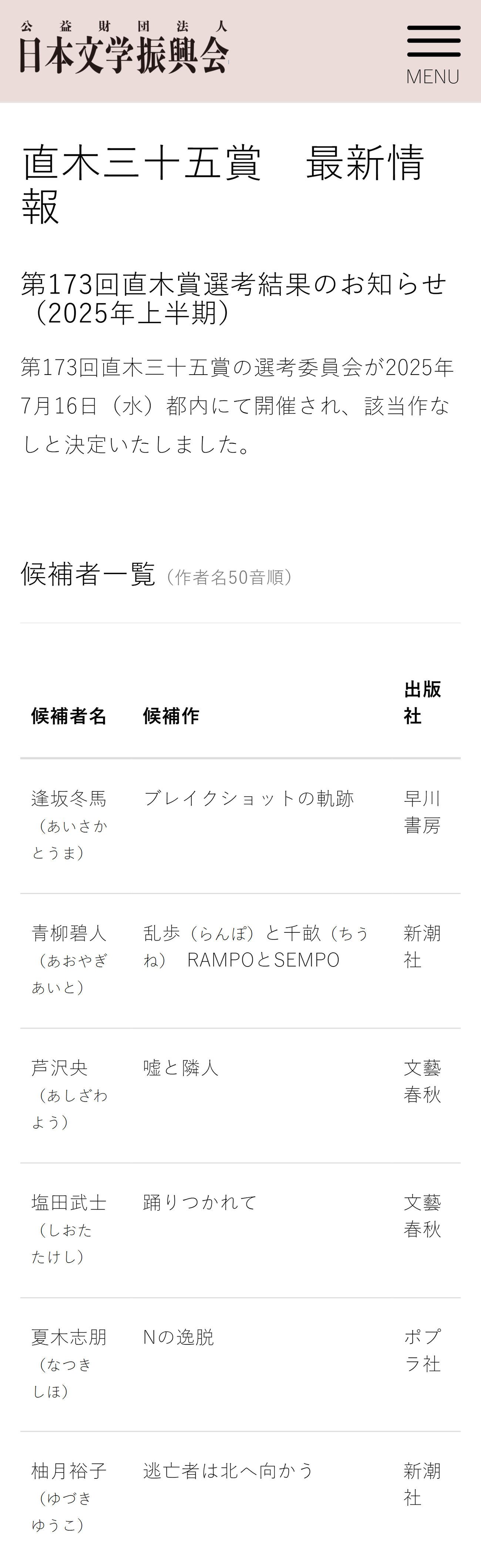 直木賞は該当なし（日本文学振興会の公式サイトから）